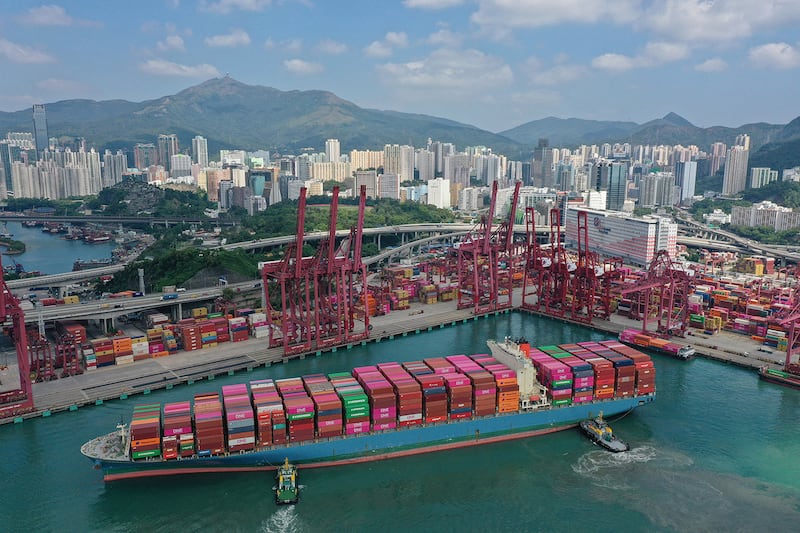 A container ship docks at the Kwai Chung container terminal in Hong Kong on Oct. 22, 2024.