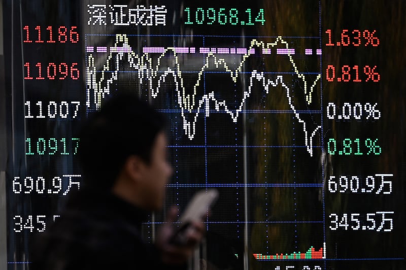 A man walks past a screen showing Chinese stock market movements in Beijing on Nov. 7, 2024.