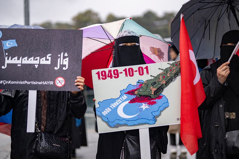 Ethnic Uyghur demonstrators take part in a protest against China near the Chinese consulate in Istanbul, on Oct. 1, 2023.