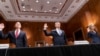 Homeland Security Secretary Alejandro Mayorkas, left, FBI Director Christopher Wray, middle, and National Counterterrorism Center Director Christine Abizaid are sworn in before testifying during a Senate committee hearing in Washington, Oct. 31, 2023.