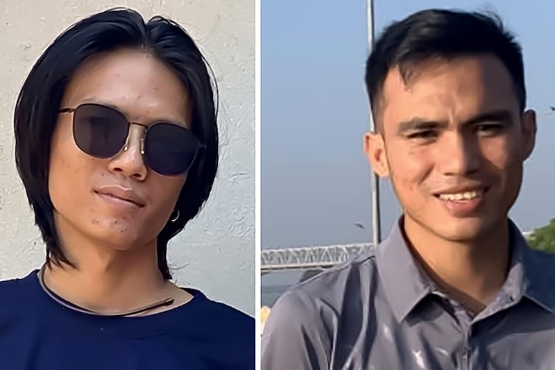 Htet Myat Thu sports shoulder-length black hair and sunglasses while Win Htut Oo wears a grey collared shirt and short black hair. Both smile at the camera.