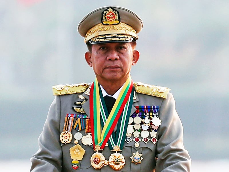 Myanmar’s junta chief Gen. Min Aung Hlaing inspects officers during a parade to commemorate Myanmar\'s 78th Armed Forces Day in Naypyitaw, Myanmar, March 27, 2023. (AP Photo/Aung Shine Oo)